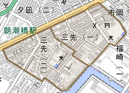 三先とその周辺の地図。町の範囲を重ねている