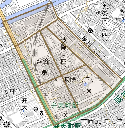 波除とその周辺の地図。町の範囲を重ねている