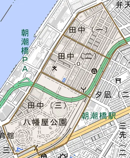 田中とその周辺の地図。町の範囲を重ねている