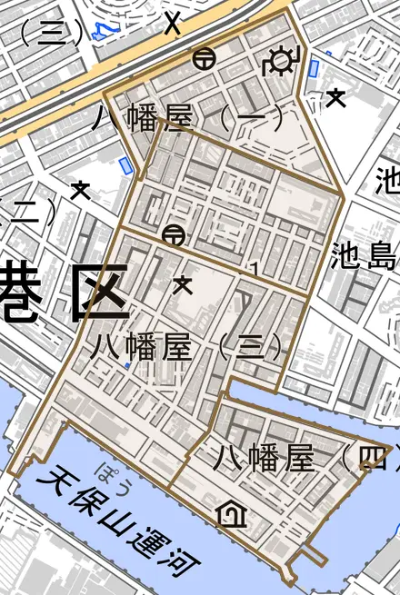八幡屋とその周辺の地図。町の範囲を重ねている