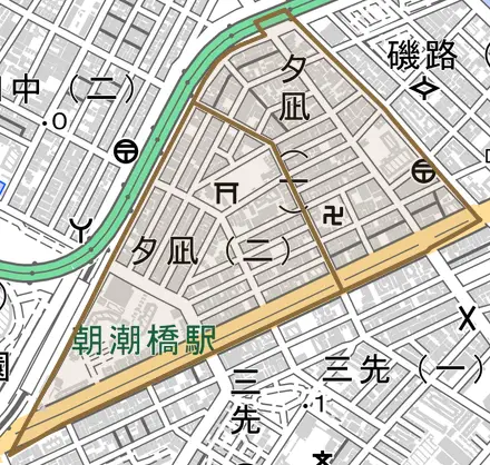 夕凪とその周辺の地図。町の範囲を重ねている
