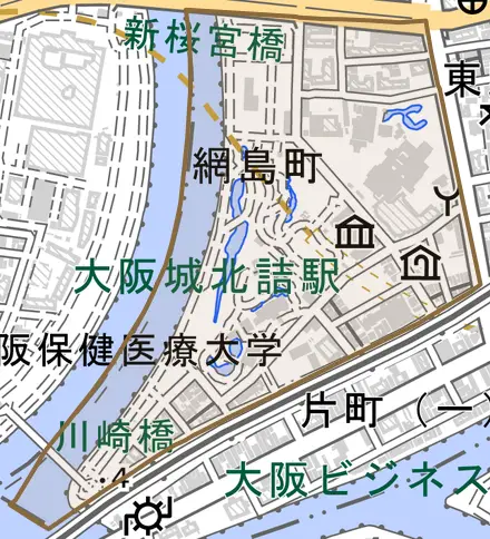 網島町とその周辺の地図。町の範囲を重ねている