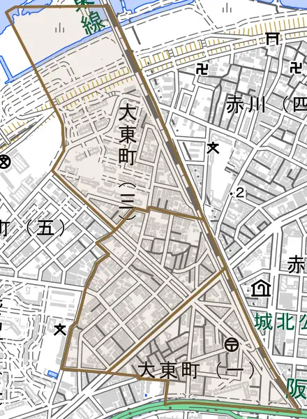 大東町とその周辺の地図。町の範囲を重ねている