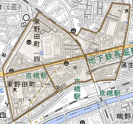 東野田町とその周辺の地図。町の範囲を重ねている