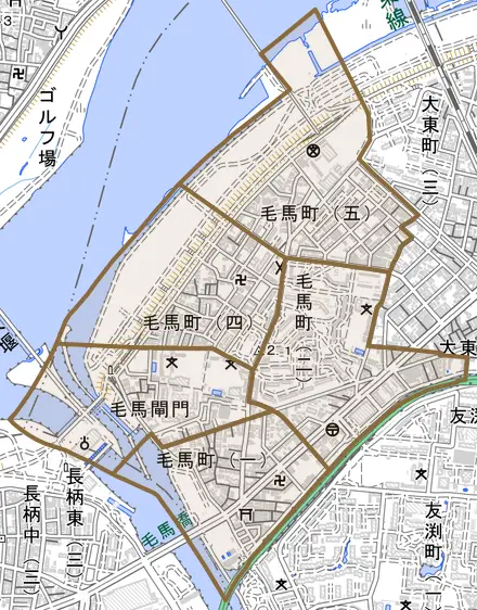 毛馬町とその周辺の地図。町の範囲を重ねている