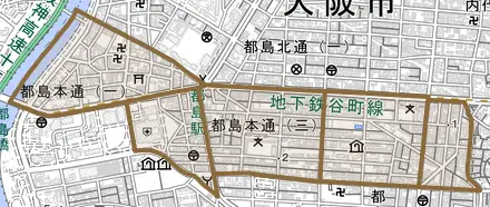 都島本通とその周辺の地図。町の範囲を重ねている
