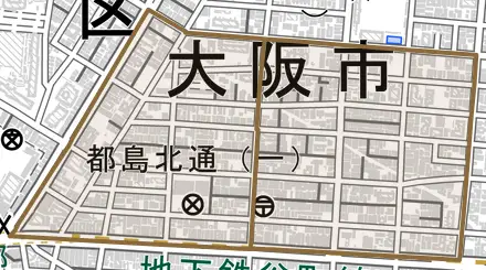 都島北通とその周辺の地図。町の範囲を重ねている
