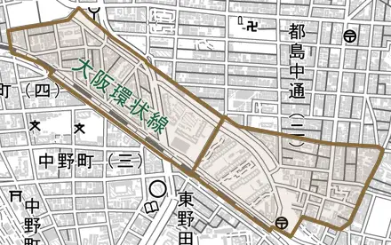 都島南通とその周辺の地図。町の範囲を重ねている