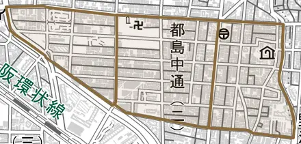 都島中通とその周辺の地図。町の範囲を重ねている