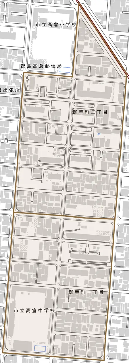 御幸町とその周辺の地図。町の範囲を重ねている
