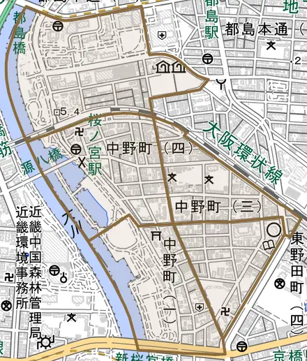 中野町とその周辺の地図。町の範囲を重ねている