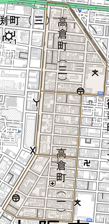 高倉町とその周辺の地図。町の範囲を重ねている