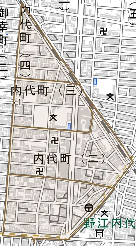内代町とその周辺の地図。町の範囲を重ねている