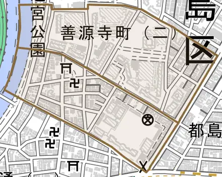 善源寺町とその周辺の地図。町の範囲を重ねている
