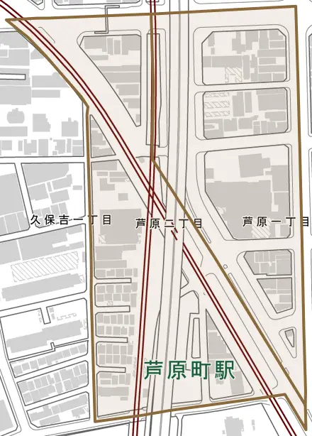 芦原とその周辺の地図。町の範囲を重ねている