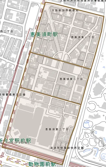 恵美須東とその周辺の地図。町の範囲を重ねている
