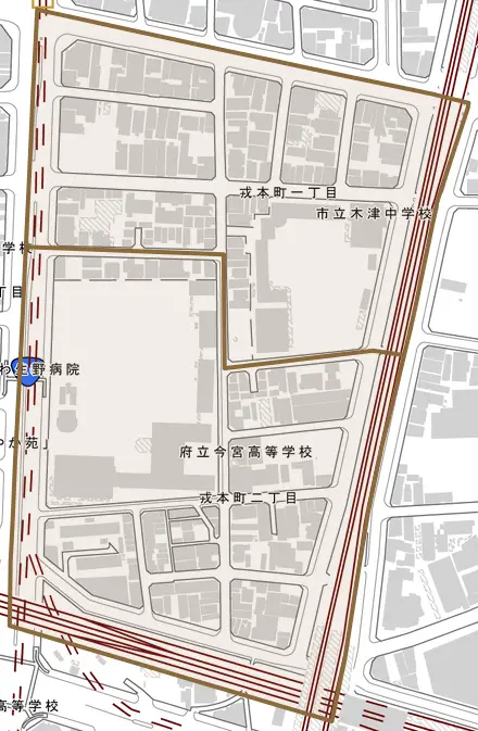 戎本町とその周辺の地図。町の範囲を重ねている