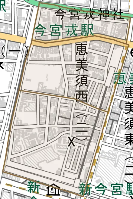 恵美須西とその周辺の地図。町の範囲を重ねている