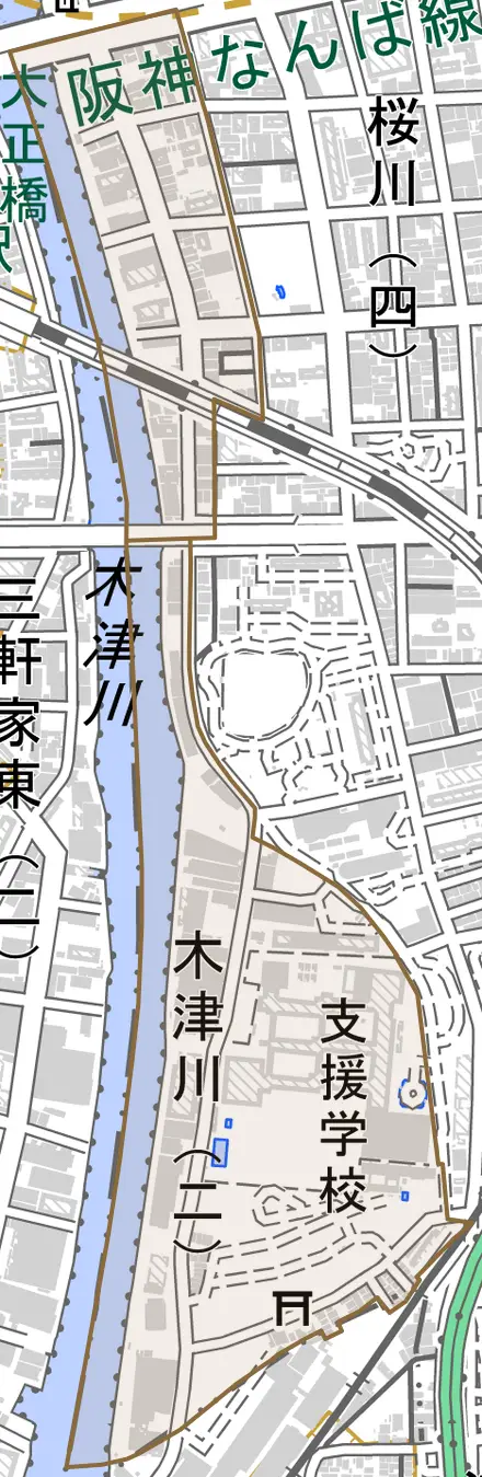 木津川とその周辺の地図。町の範囲を重ねている