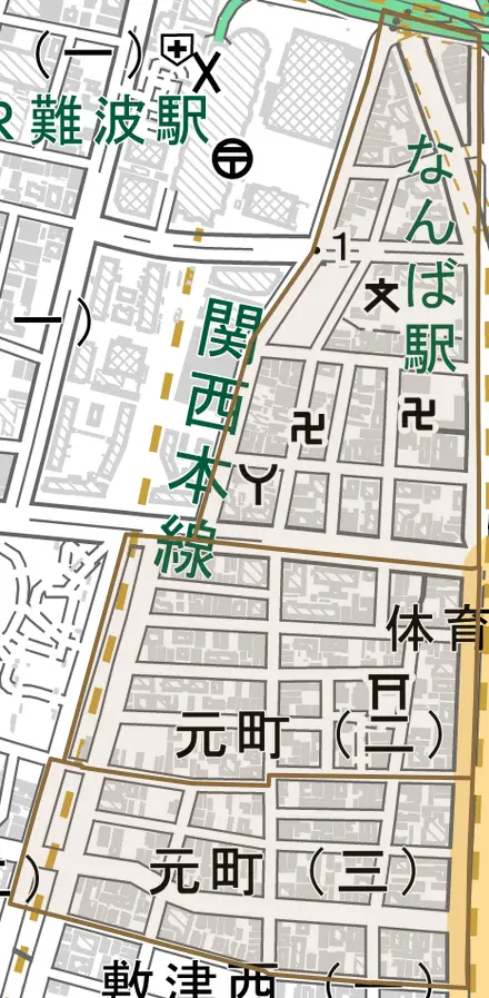 元町とその周辺の地図。町の範囲を重ねている