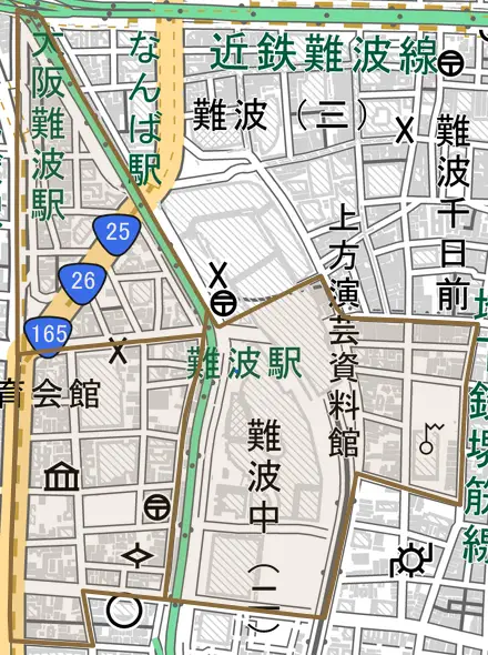 難波中とその周辺の地図。町の範囲を重ねている