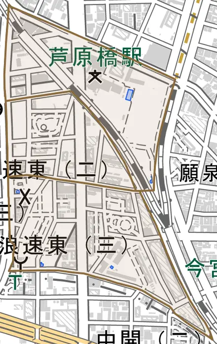 浪速東とその周辺の地図。町の範囲を重ねている