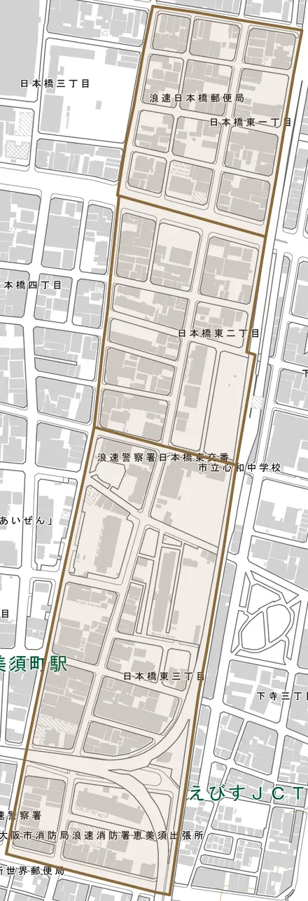 日本橋東とその周辺の地図。町の範囲を重ねている