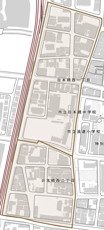 日本橋西とその周辺の地図。町の範囲を重ねている