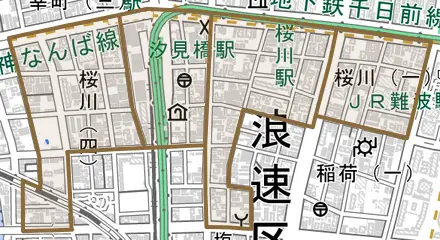 桜川とその周辺の地図。町の範囲を重ねている