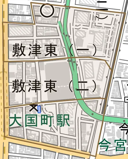 敷津東とその周辺の地図。町の範囲を重ねている