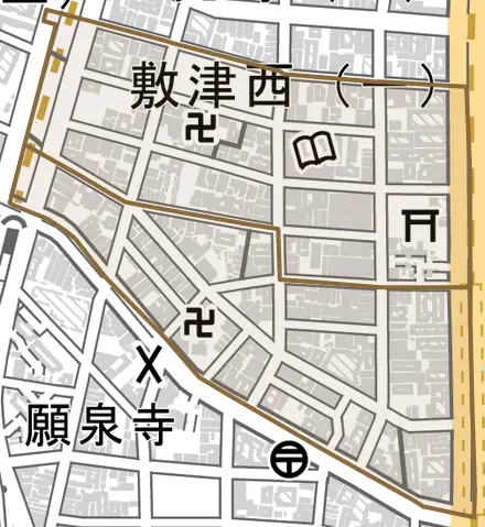 敷津西とその周辺の地図。町の範囲を重ねている