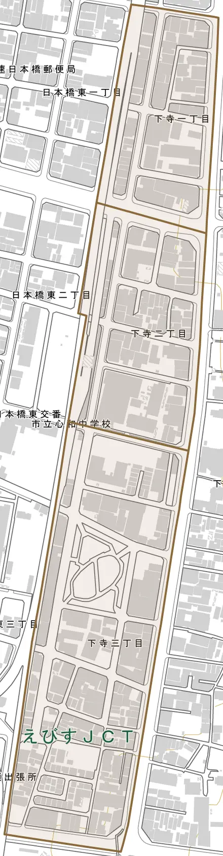 下寺とその周辺の地図。町の範囲を重ねている