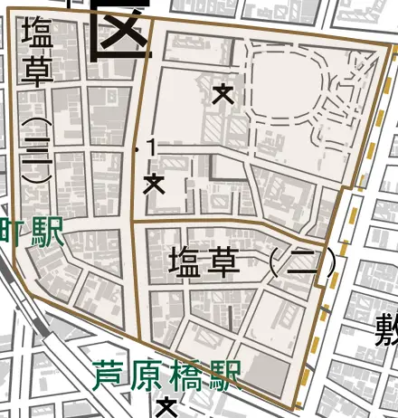 塩草とその周辺の地図。町の範囲を重ねている