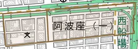 阿波座とその周辺の地図。町の範囲を重ねている