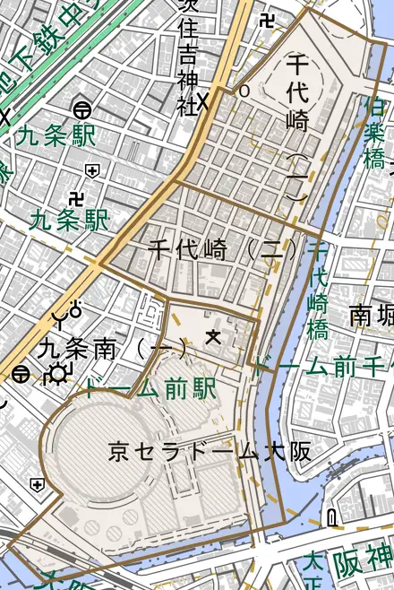 千代崎とその周辺の地図。町の範囲を重ねている