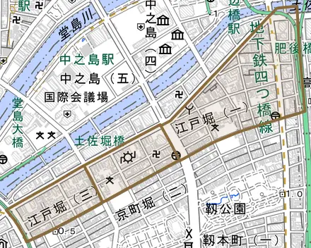 江戸堀とその周辺の地図。町の範囲を重ねている
