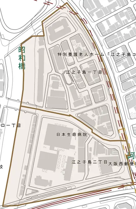 江之子島とその周辺の地図。町の範囲を重ねている