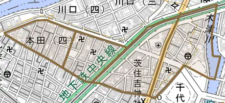 本田とその周辺の地図。町の範囲を重ねている