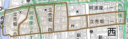 立売堀とその周辺の地図。町の範囲を重ねている