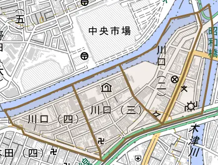 川口とその周辺の地図。町の範囲を重ねている
