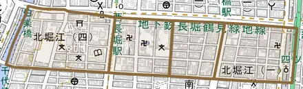 北堀江とその周辺の地図。町の範囲を重ねている