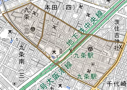 九条とその周辺の地図。町の範囲を重ねている