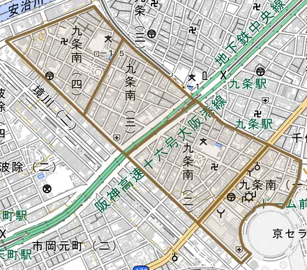 九条南とその周辺の地図。町の範囲を重ねている
