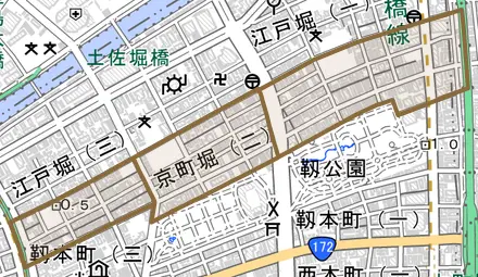 京町堀とその周辺の地図。町の範囲を重ねている