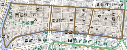 南堀江とその周辺の地図。町の範囲を重ねている