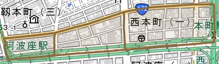西本町とその周辺の地図。町の範囲を重ねている