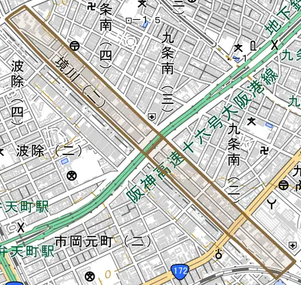 境川とその周辺の地図。町の範囲を重ねている