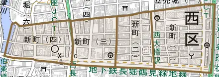 新町とその周辺の地図。町の範囲を重ねている