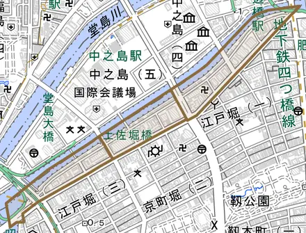 土佐堀とその周辺の地図。町の範囲を重ねている