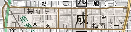 梅南とその周辺の地図。町の範囲を重ねている